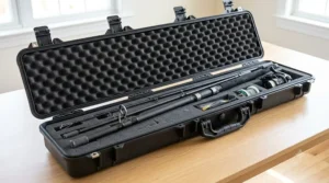 Disassembled 2-piece 9 foot surf rod packed in a rod travel case