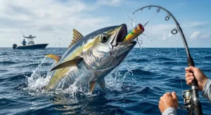 Illustration of a massive yellowfin tuna exploding on a surface popper lure cast using a popping rod saltwater rod.
