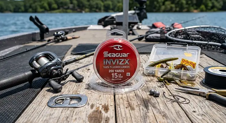 Spool of 100% fluorocarbon line sitting on a wooden boat deck with bass fishing tackle