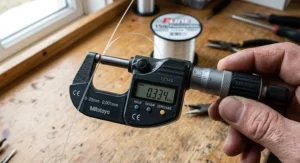 Digital micrometer measuring the precise line diameter of a 15lb fluorocarbon fishing line