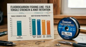 Chart showing tensile strength and knot retention percentages for 15lb fluorocarbon fishing line