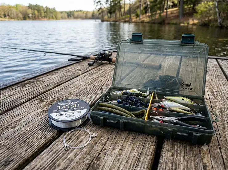 Spool of 20lb fluorocarbon leader line sitting on a wooden dock next to bass fishing tackle box