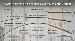 Diagram showing the flex profile and moderate action curve of a 3 weight fly rod