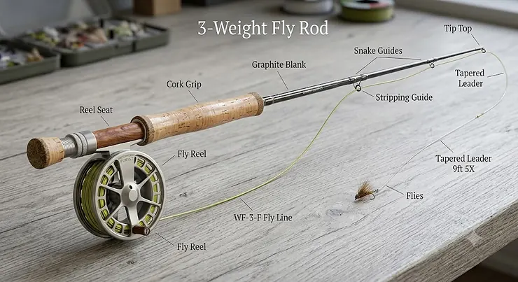 Illustration of a complete 3 weight fly rod setup showing the rod, reel, fly line, and leader