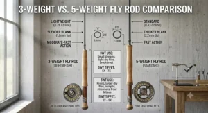 Side-by-side comparison diagram of a lightweight 3 weight fly rod next to a standard 5 weight rod