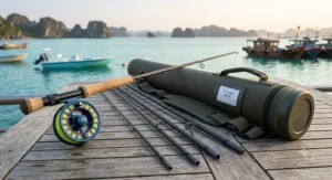 Four-piece 8 weight saltwater fly rod disassembled next to a durable protective travel rod tube.
