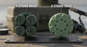 Cross section comparison diagram showing 4 strand braid fishing line next to 8 strand braid line