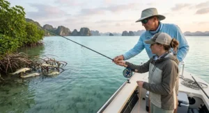 Fly fishing guide helping an angler target snook with an 8 weight fly rod in a saltwater bay.