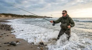 Fly fisherman casting an 8 weight fly rod in saltwater surf for striped bass along the Atlantic coast.