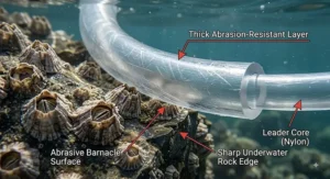 Illustration highlighting the thick outer coating of monofilament shock leader material designed to resist sharp rocks and shell beds.