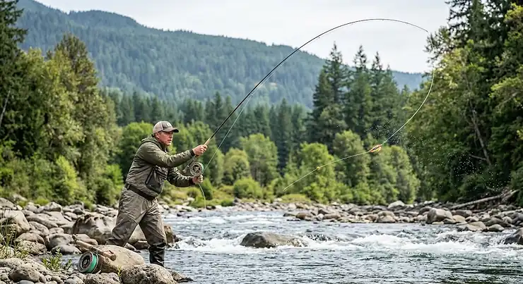 Angler performing a two-handed spey cast for salmon on a scenic river
