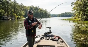 American bass angler casting a spinning reel spooled with smooth low memory monofilament line on a freshwater lake.