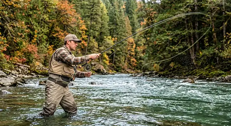 Angler executing a two-handed Spey cast while switch rod fly fishing on a river.
