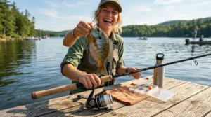 Happy angler holding a caught panfish alongside their first fishing combo setup on a sunny day.