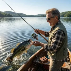 Happy angler landing a large largemouth bass caught using moss green braid fishing line