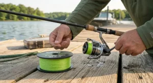 An angler spooling bright green 8 strand braided line onto a spinning reel for freshwater fishing