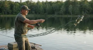 Illustration of an angler casting a bass lure using heavy duty 4 strand braid fishing line