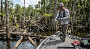 Angler pitching a jig into heavy wood cover using a 15lb fluorocarbon line setup