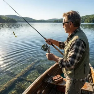 Bass fisherman casting a rod spooled with moss green braid fishing line over clear freshwater