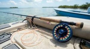Fully rigged 8 weight saltwater fly rod with a sealed drag reel sitting on a skiff deck.