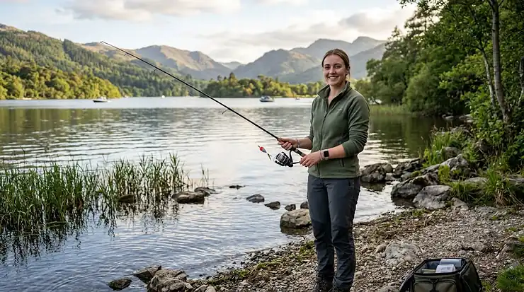 A beginner angler holding a versatile first fishing combo rod and reel setup by a freshwater lake. fishing combo under $100