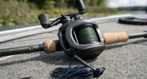 High-speed baitcasting reel strung with braided line on a heavy flipping combo bass rod