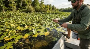 Illustration of an angler casting 30lb braided line into heavy lily pads for largemouth bass