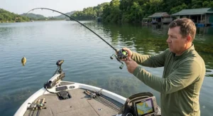 Angler casting a lure rigged with 8 strand braided line from a bass fishing boat on a lake