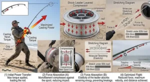 Diagram showing force absorption of a monofilament shock leader wrapped around a conventional surf reel spool during a powerful cast.