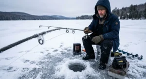 Angler ice fishing with supple low memory monofilament line passing smoothly through frozen rod guides.