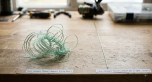 Comparison showing a coiled high memory fishing line next to a straight low memory mono fishing line.