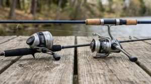 Side-by-side visual comparing a spincast reel and a spinning reel for choosing your first fishing combo.