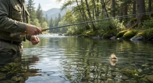 Illustration of a dry fly landing softly on gentle river water cast from a 3 weight fly rod