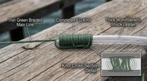 Close-up diagram of an FG knot seamlessly joining thin braided line to a thick monofilament shock leader.
