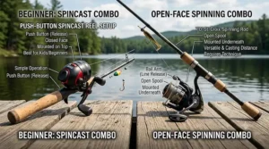 Side-by-side comparison of a spincast reel and a spinning reel for choosing a first fishing combo.