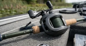 Heavy braided fishing line spooled on a flipping combo bass reel for fishing dense vegetation