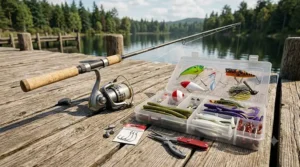 First fishing combo tailored for freshwater bass angling resting next to a small tackle box with lures.