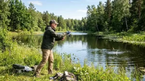 Angler casting a first fishing combo off a grassy bank into a sunlit freshwater pond.