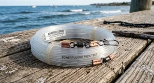 Coil of heavy-duty 100% fluorocarbon line leader material with crimps for saltwater inshore fishing