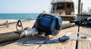 Heavy-duty 8 strand braided line rigged on a conventional reel for offshore saltwater fishing