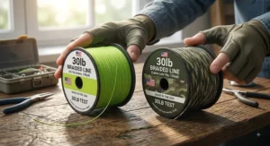 Comparison of high-visibility chartreuse green and low-visibility camouflage 30lb braided line spools
