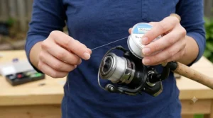 Diagram showing step-by-step instructions on how to thread monofilament line onto a first fishing combo.