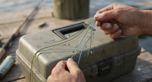 Step 1 illustration showing how to arrange four separate line strands to begin a 4 strand braid for fishing