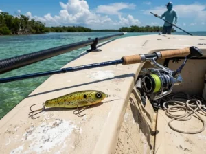 Inshore saltwater fishing rig featuring a topwater lure tied to a 20lb fluorocarbon leader