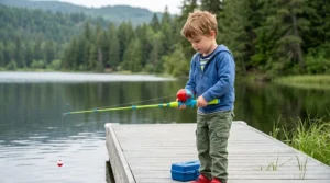 Young child holding a brightly colored spincast first fishing combo with a push-button reel by a lake.