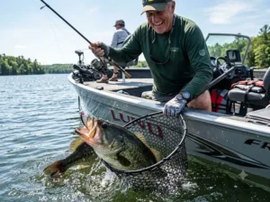Angler landing a large largemouth bass caught using a strong 20lb fluorocarbon leader