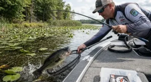 Angler landing a large largemouth bass pulled from thick brush using a flipping combo bass rig