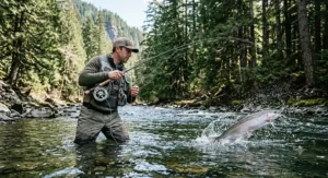 Fisherman hooking a wild steelhead trout while switch rod fly fishing in a mountain stream.