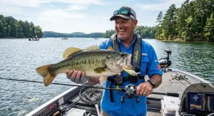 Happy fisherman holding a largemouth bass caught with a deep diving crankbait on 15lb fluorocarbon
