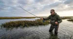 Fly caster performing a double haul with an 8 weight fly rod to cut through windy saltwater conditions.